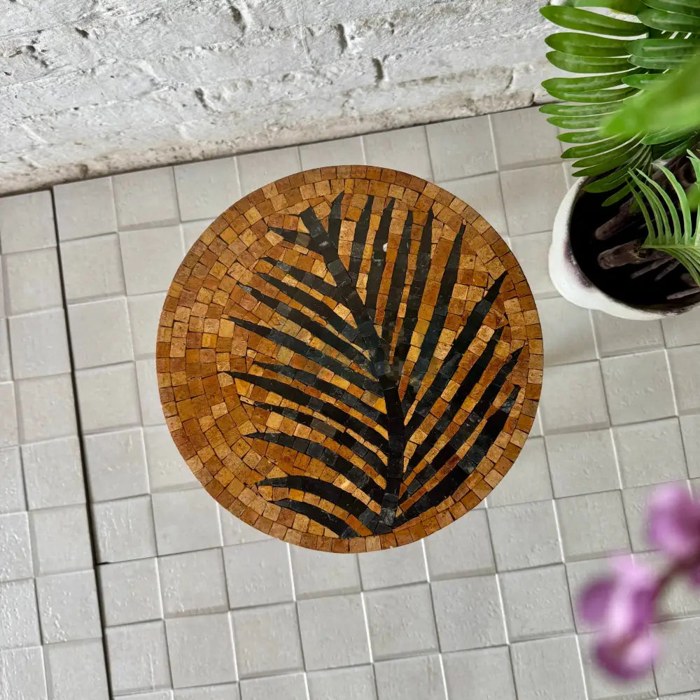 Palm Leaf Mosaic Stool – Handmade Luxury Meets Country Simplicity 13’’x13’ Top - 19’’ Height
