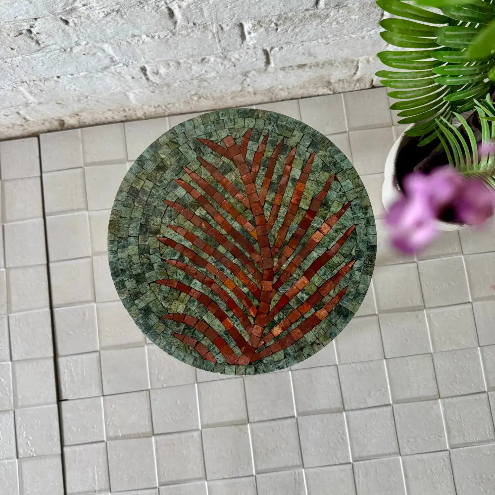 Palm Leaf Mosaic Stool – Western-Inspired Mosaic Art with a Modern Touch 13’’x13’ Top - 19’’ Height
