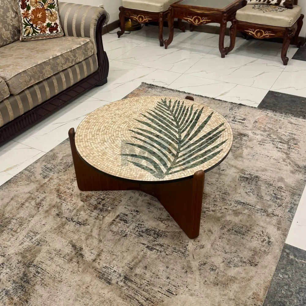 Premium cream Leaf Mosaic Stone Center Table Artwork 33’’ x 33’’ x 17’’