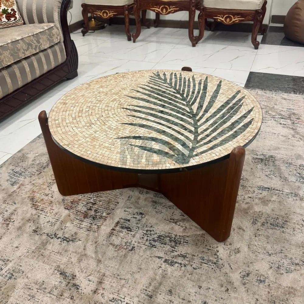 Premium cream Leaf Mosaic Stone Center Table Artwork 33’’ x 33’’ x 17’’