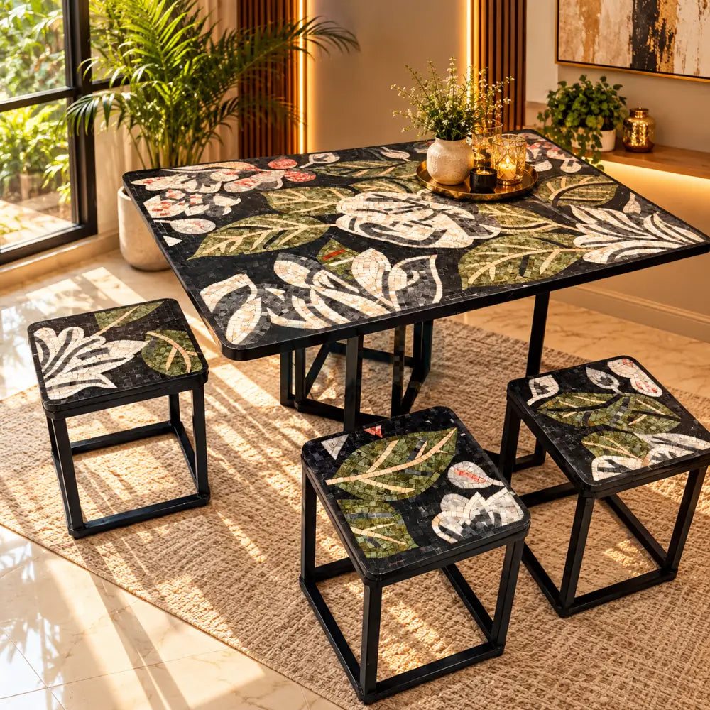 Premium Handcrafted Mosaic Dining Table with Stools