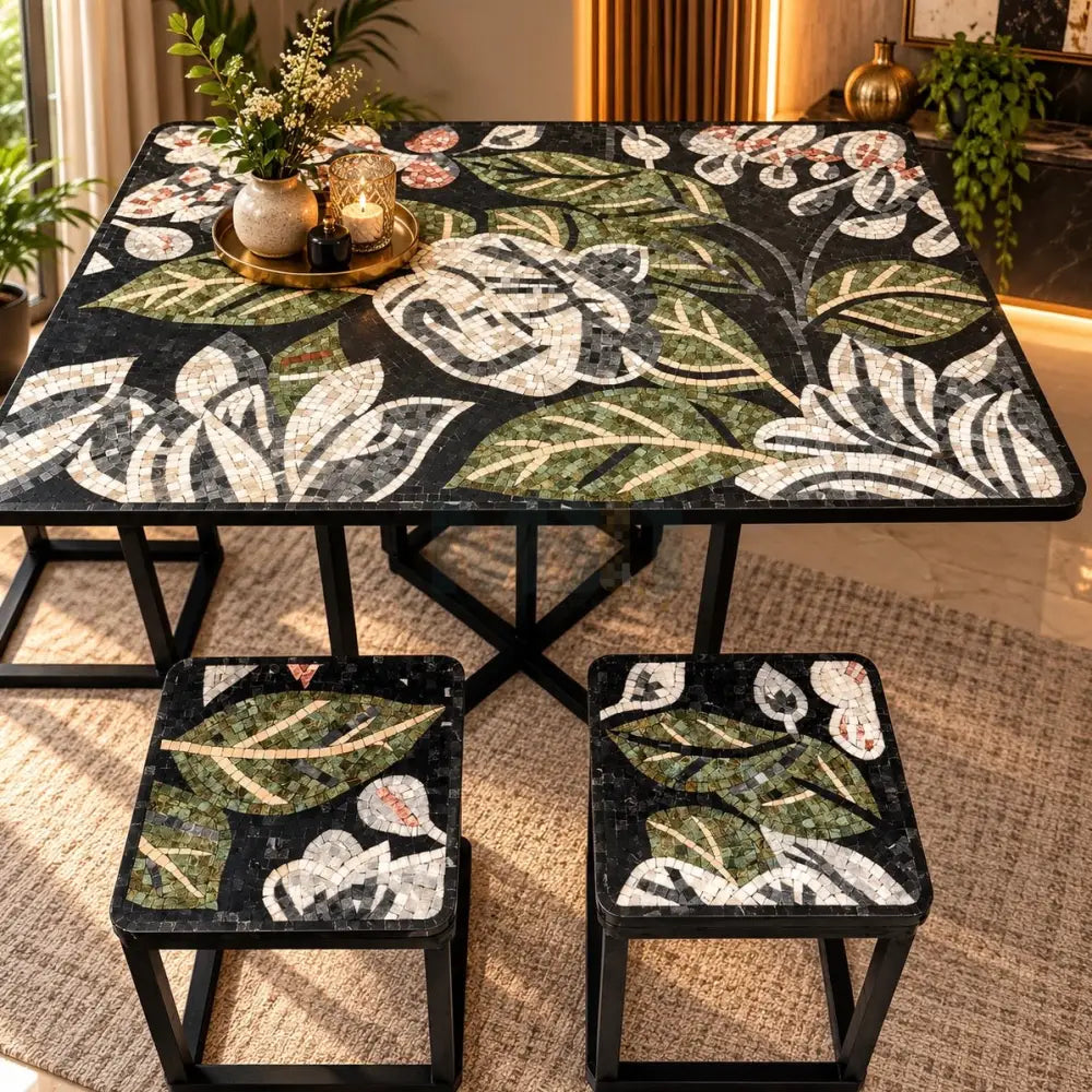 Premium Handcrafted Mosaic Dining Table with Stools