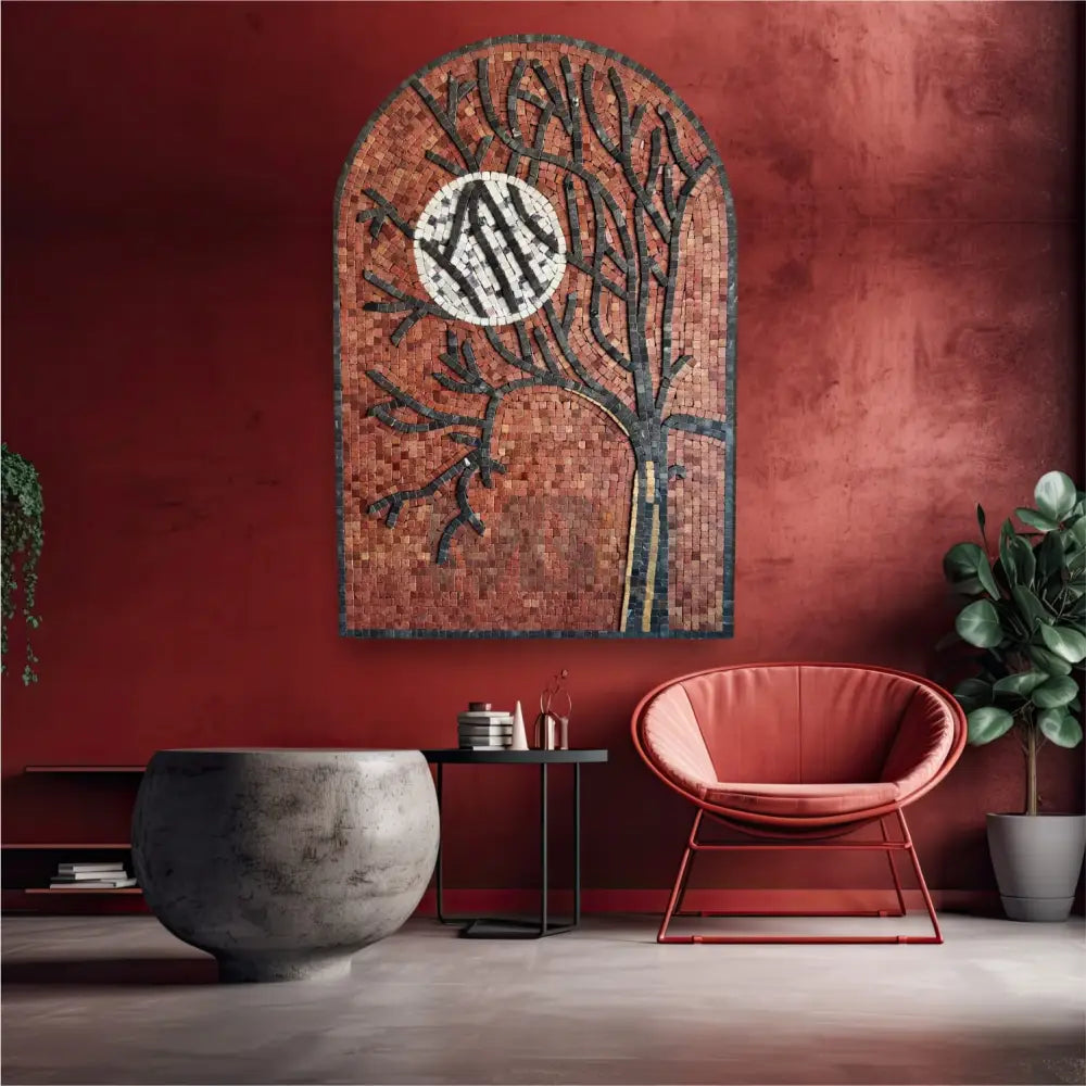 Red Moon Whisper Mosaic Art - Fiery Moonlit for Antique Home Decor 36’’x24’’ Wall Hangings