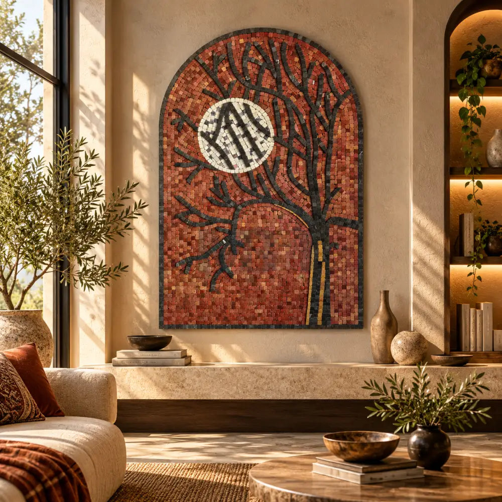 Red Moon Whisper Mosaic Art - Fiery Moonlit for Antique Home Decor - 36’’x24’’ - Wall Hangings