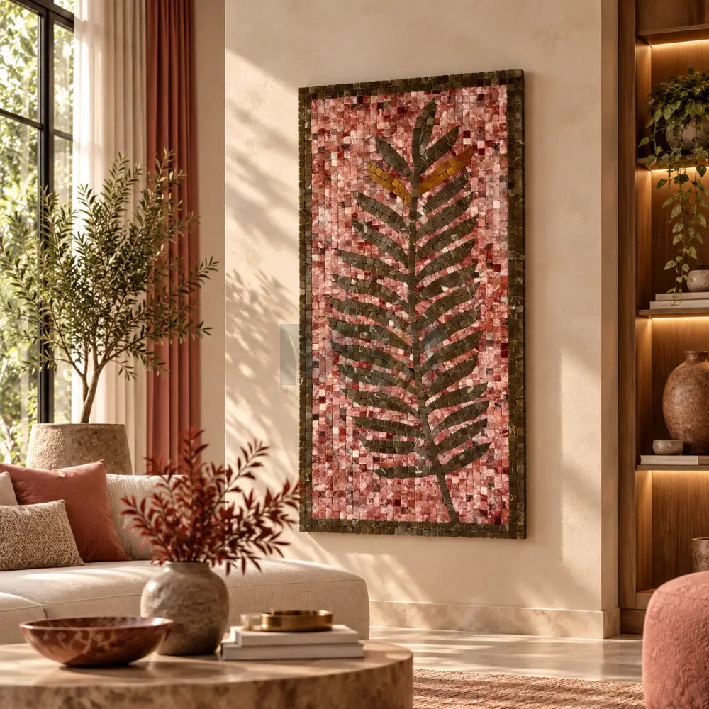 Rustic Leaf Design Stone Mosaic Wall Art – Handmade Natural Stones