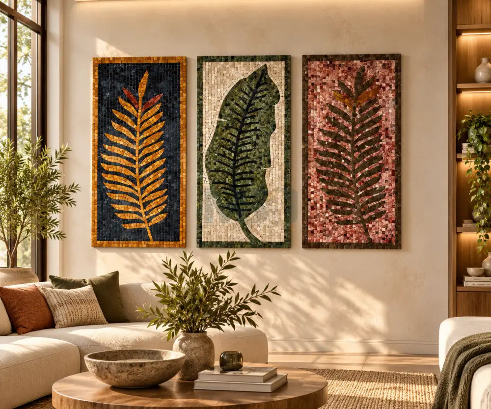 Rustic Leaf Design Stone Mosaic Wall Art – Handmade Natural Stones