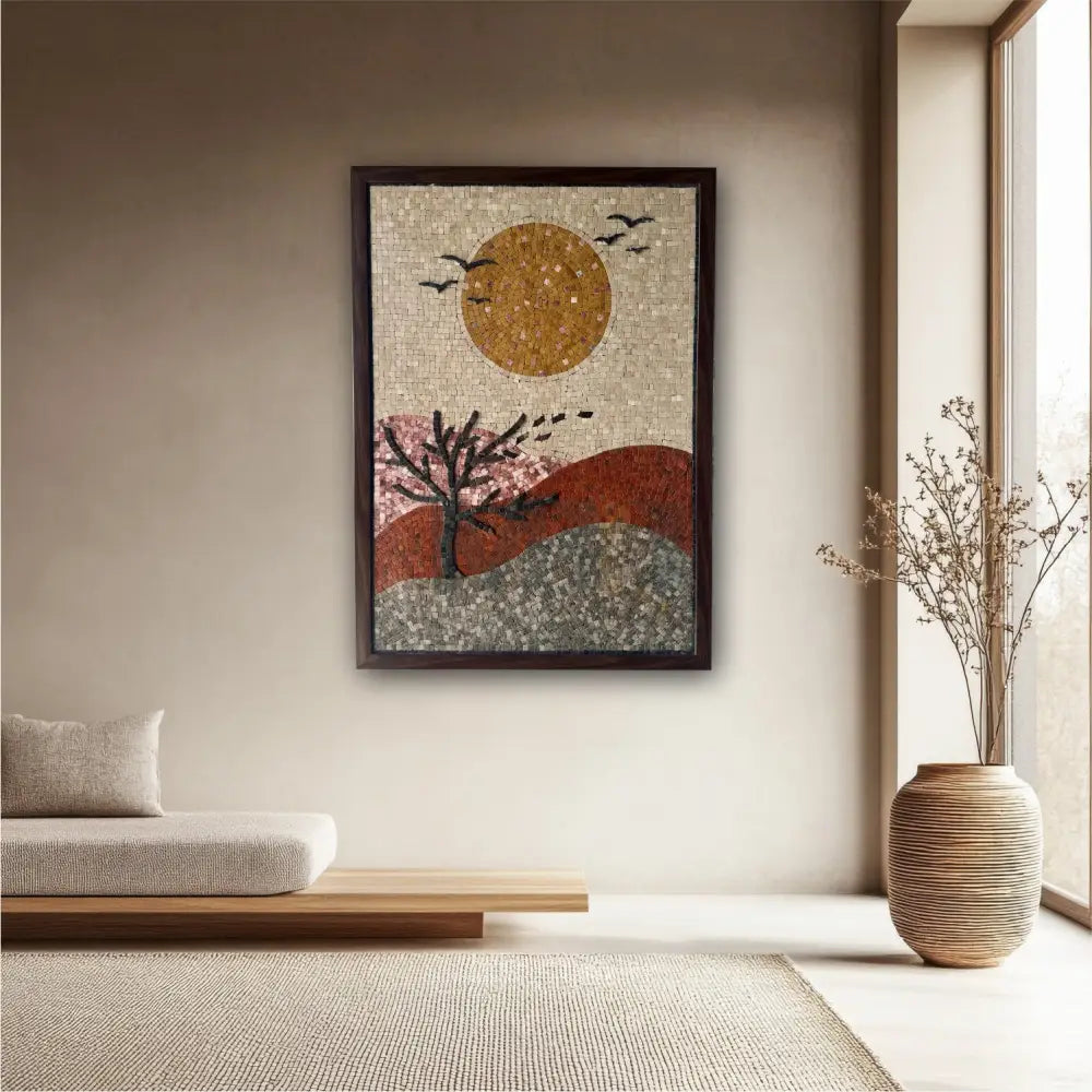 Rustic Sunset Mosaic Art – Premium Handcrafted Stonework for Country Home Decor 42’’x32’’ Wall Hangings