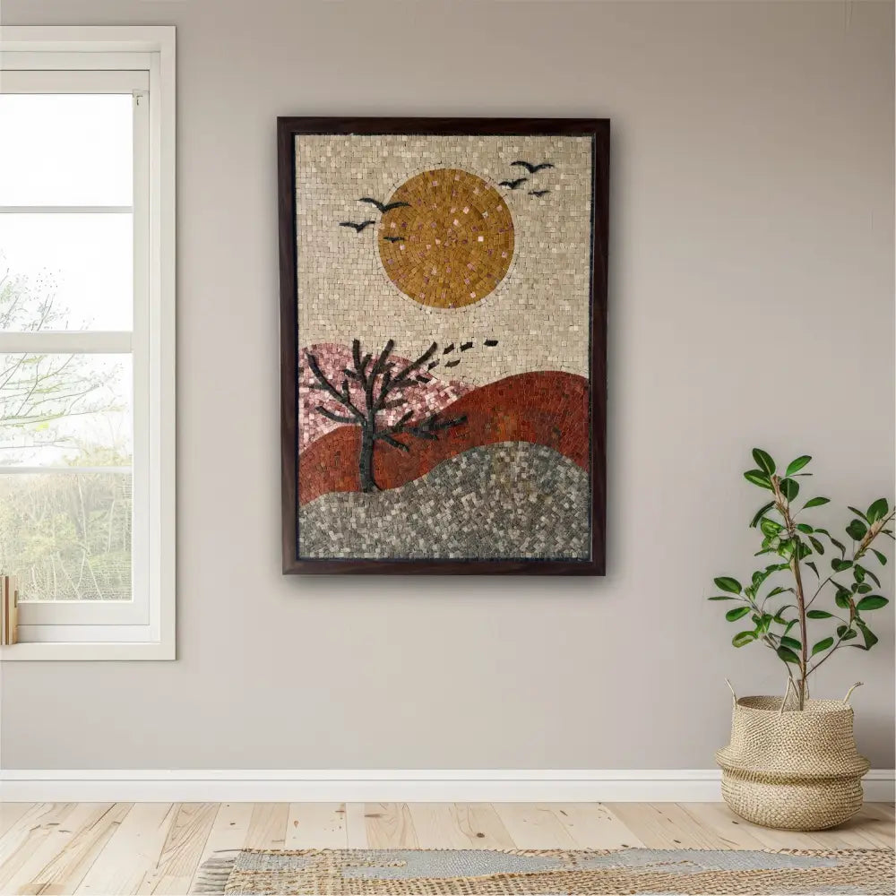 Rustic Sunset Mosaic Art – Premium Handcrafted Stonework for Country Home Decor 42’’x32’’ Wall Hangings