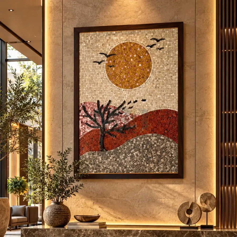 Rustic Sunset Mosaic Art – Premium Handcrafted Stonework for Country Home Decor - 42’’x32’’ - Wall Hangings