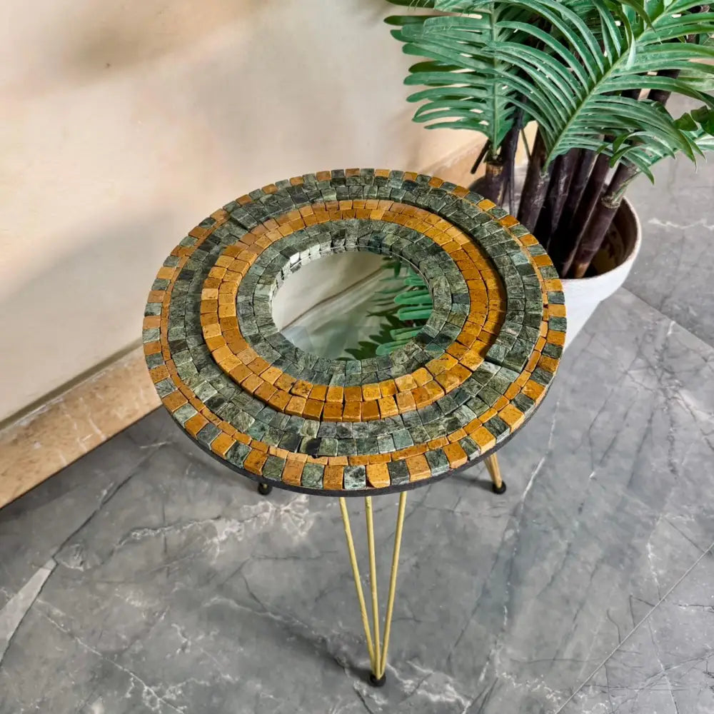 Smart Mosaic Coffee / Vase Table - Elegant Mustard Black Design with Acrylic Mirror 12’’x12’’ Top - 18’’ Height