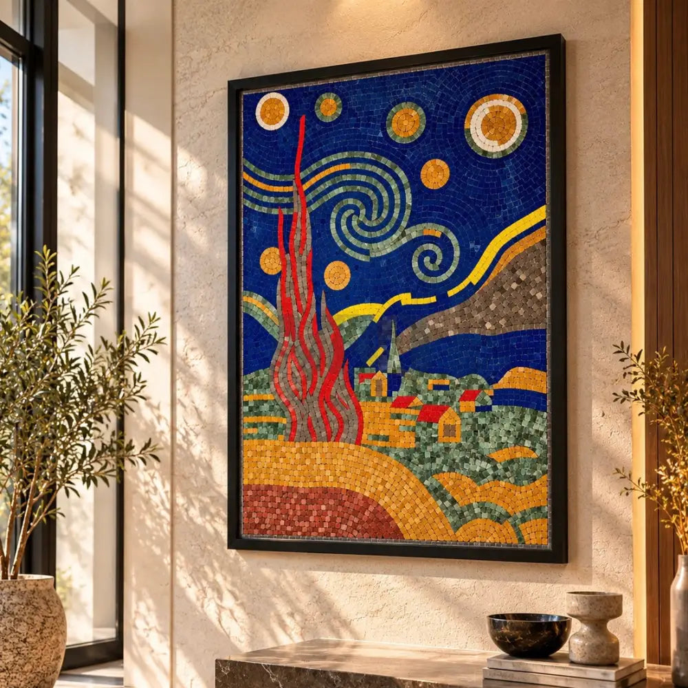 Starry Night Moon Mosaic Artwork - Premium Artifical Stones Artwork - 42’’ x 32’’