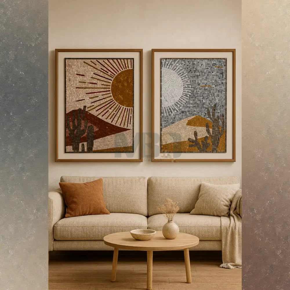 Sun & Moon Desert Mosaic Wall Art – Handcrafted Cactus Landscape Pair 32”x24” / Pair