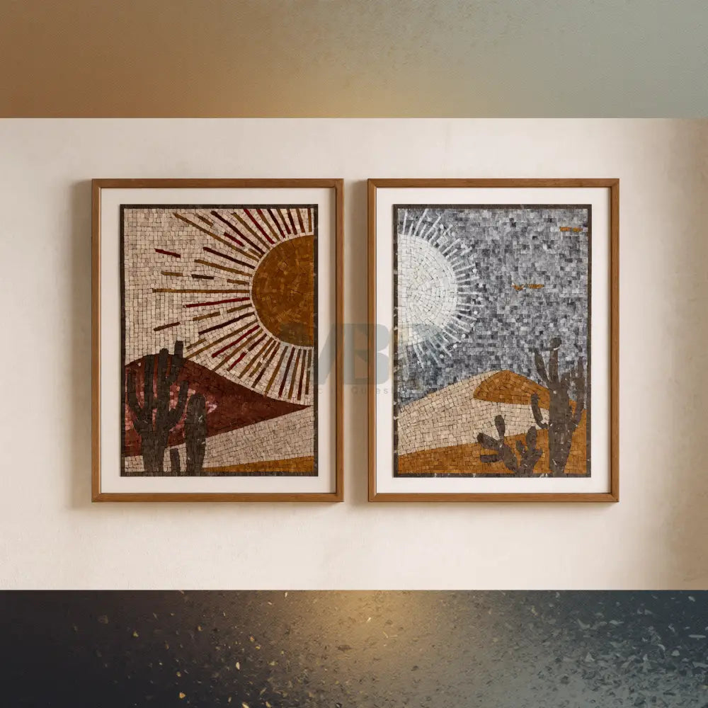 Sun & Moon Desert Mosaic Wall Art – Handcrafted Cactus Landscape Pair 32”x24” / Single