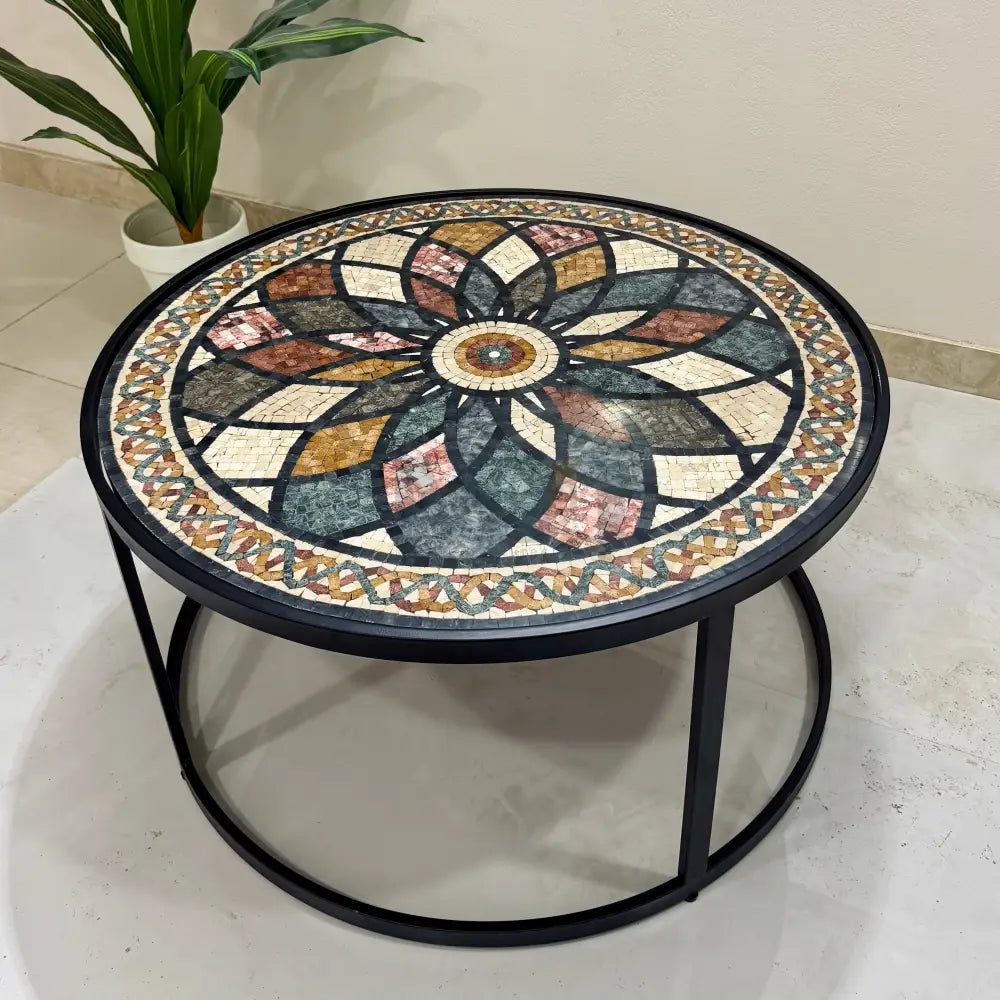 The Artisan’s Signature Flower Mosaic Center Table for Artistic Living Spaces 33” x 33” x 17”