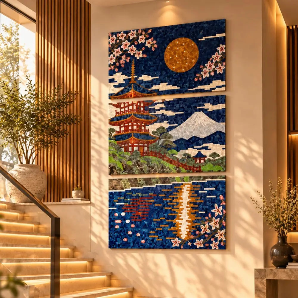 The Golden Moon of Kyoto – 3 Panel Mosaic Wall Artwork for Modern Living Room Decor - 40’’x24’’ / All Three Panel