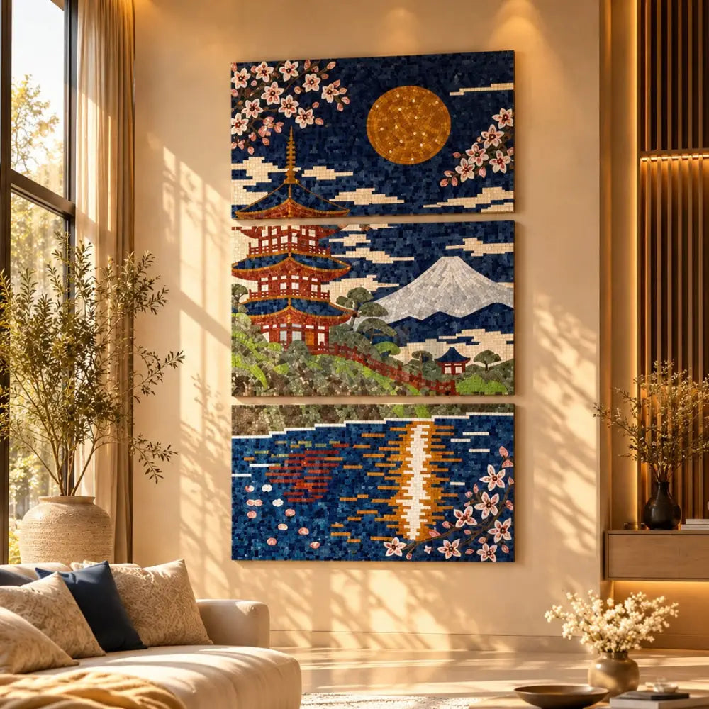 The Golden Moon of Kyoto – 3 Panel Mosaic Wall Artwork for Modern Living Room Decor - 40’’x24’’ / All Three Panel