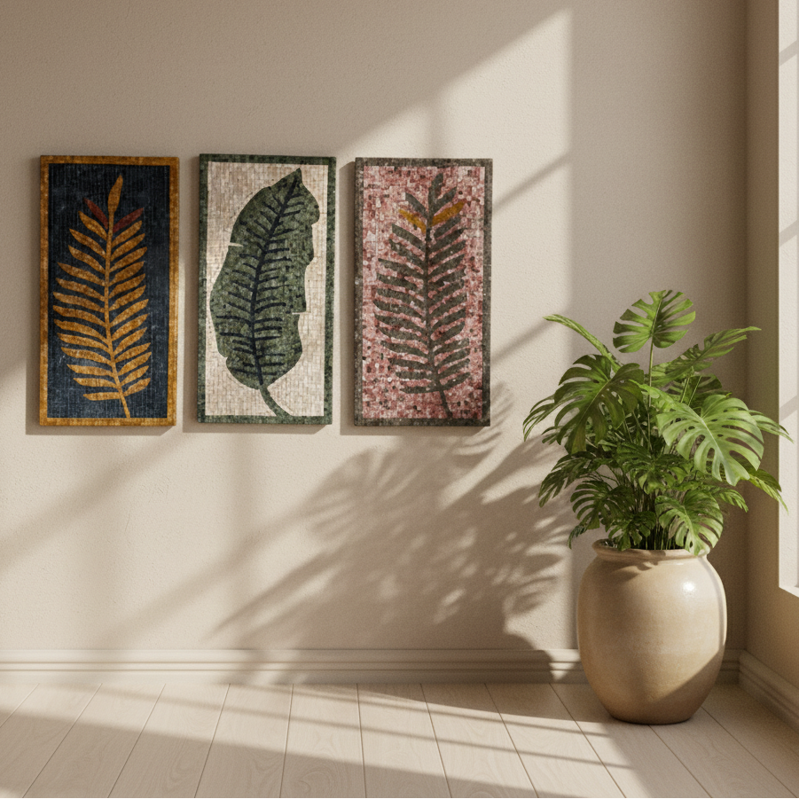 Cream Leaf Design Stone Mosaic Wall Art – Handmade Natural Stones