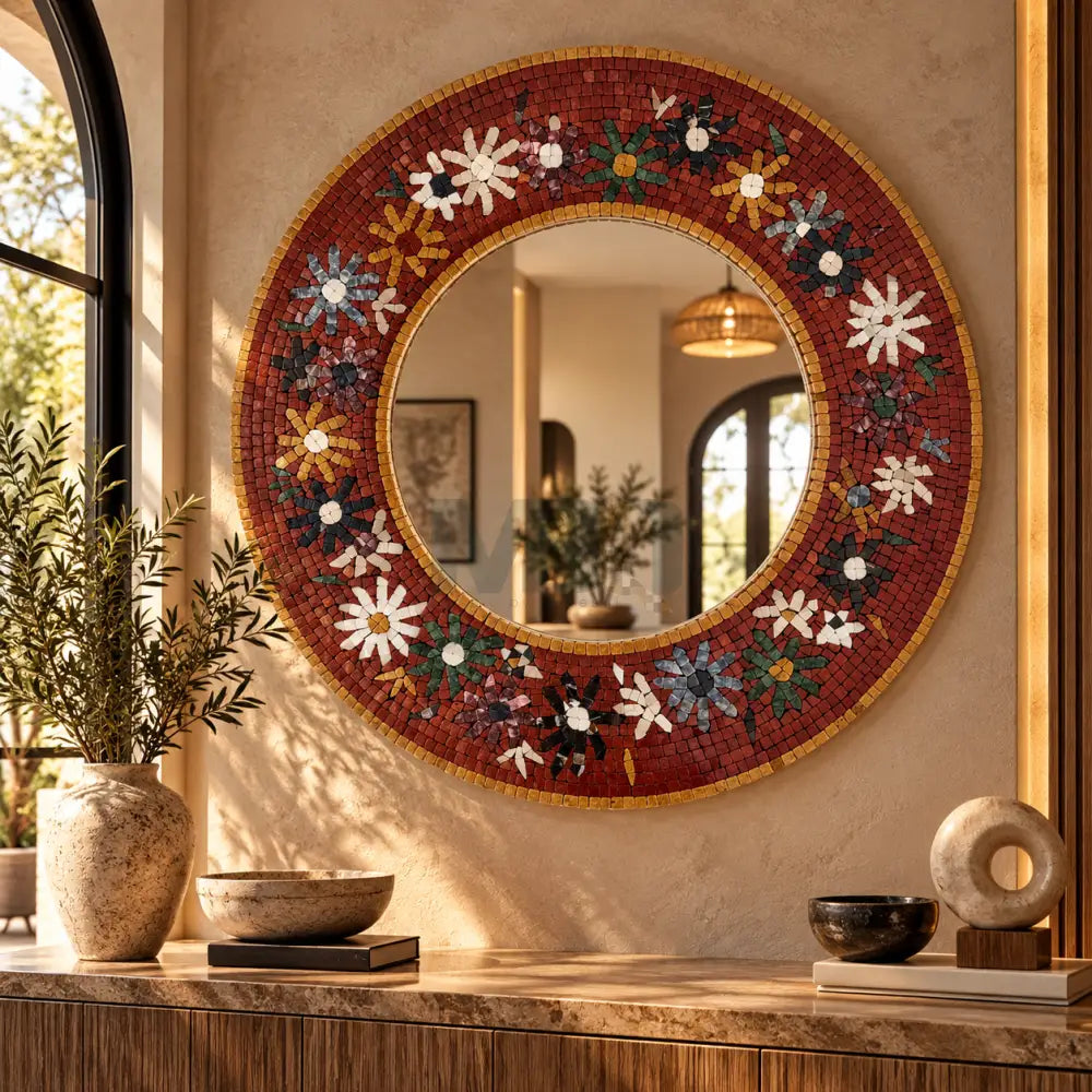 Timeless Beauty Mosaic Mirror – Handcrafted Floral Stone Art for Bedrooms - 32’’x32’’ - Wall Hangings