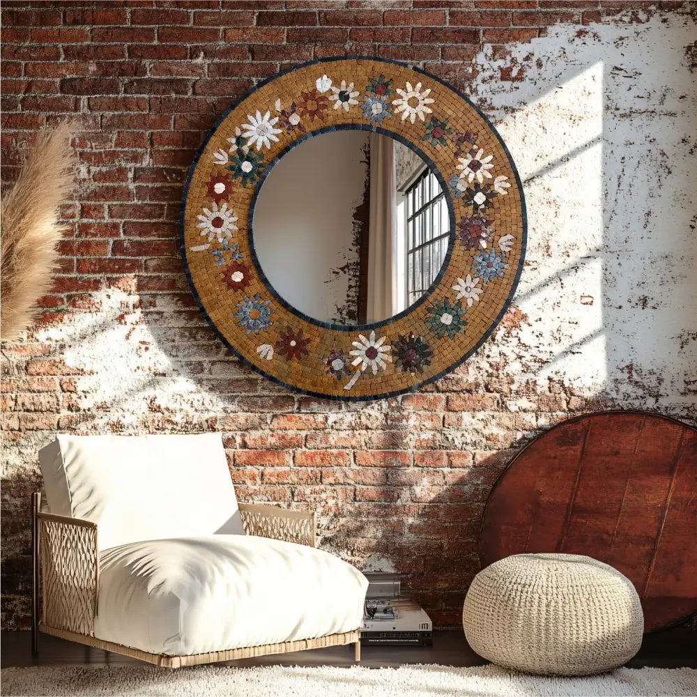 Timeless Beauty Mosaic Mirror – Handcrafted Floral Stone Art for Creative Studios and Shared Spaces 32’’x32’’ Wall
