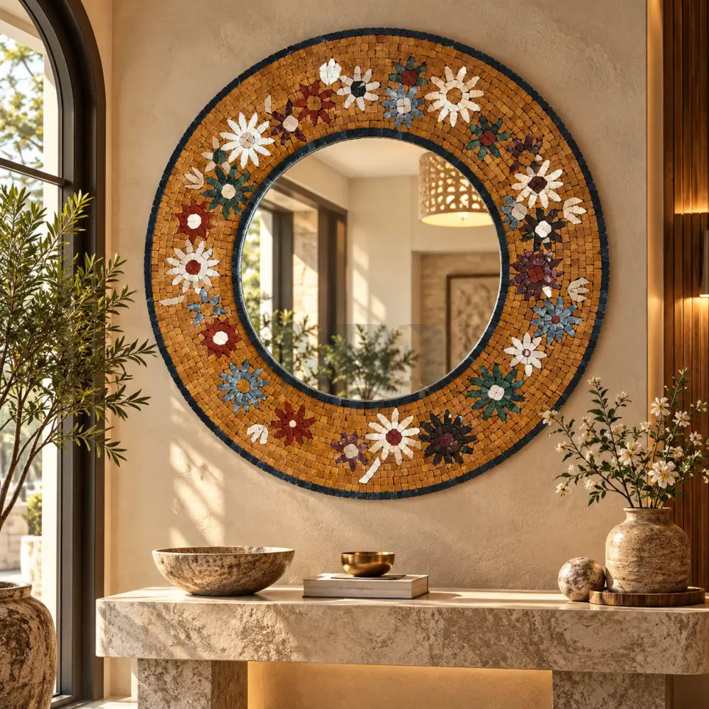 Timeless Beauty Mosaic Mirror – Handcrafted Floral Stone Art for Creative Studios and Shared Spaces - 32’’x32’’ - Wall