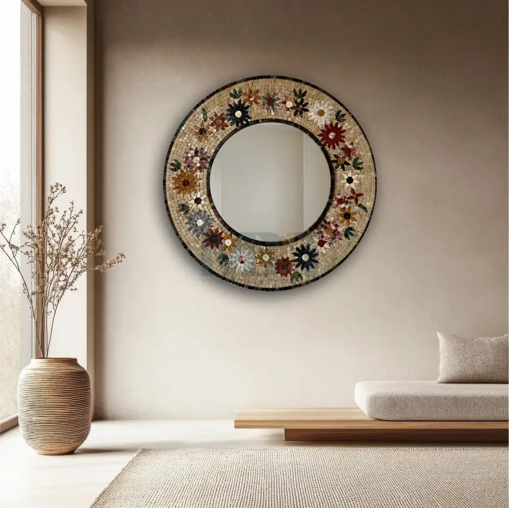 Timeless Beauty Mosaic Mirror – Handcrafted Floral Stone Art for Entryways 32’’x32’’ Wall Hangings