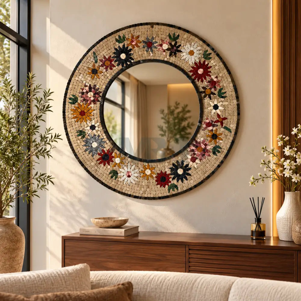 Timeless Beauty Mosaic Mirror – Handcrafted Floral Stone Art for Entryways - 32’’x32’’ - Wall Hangings
