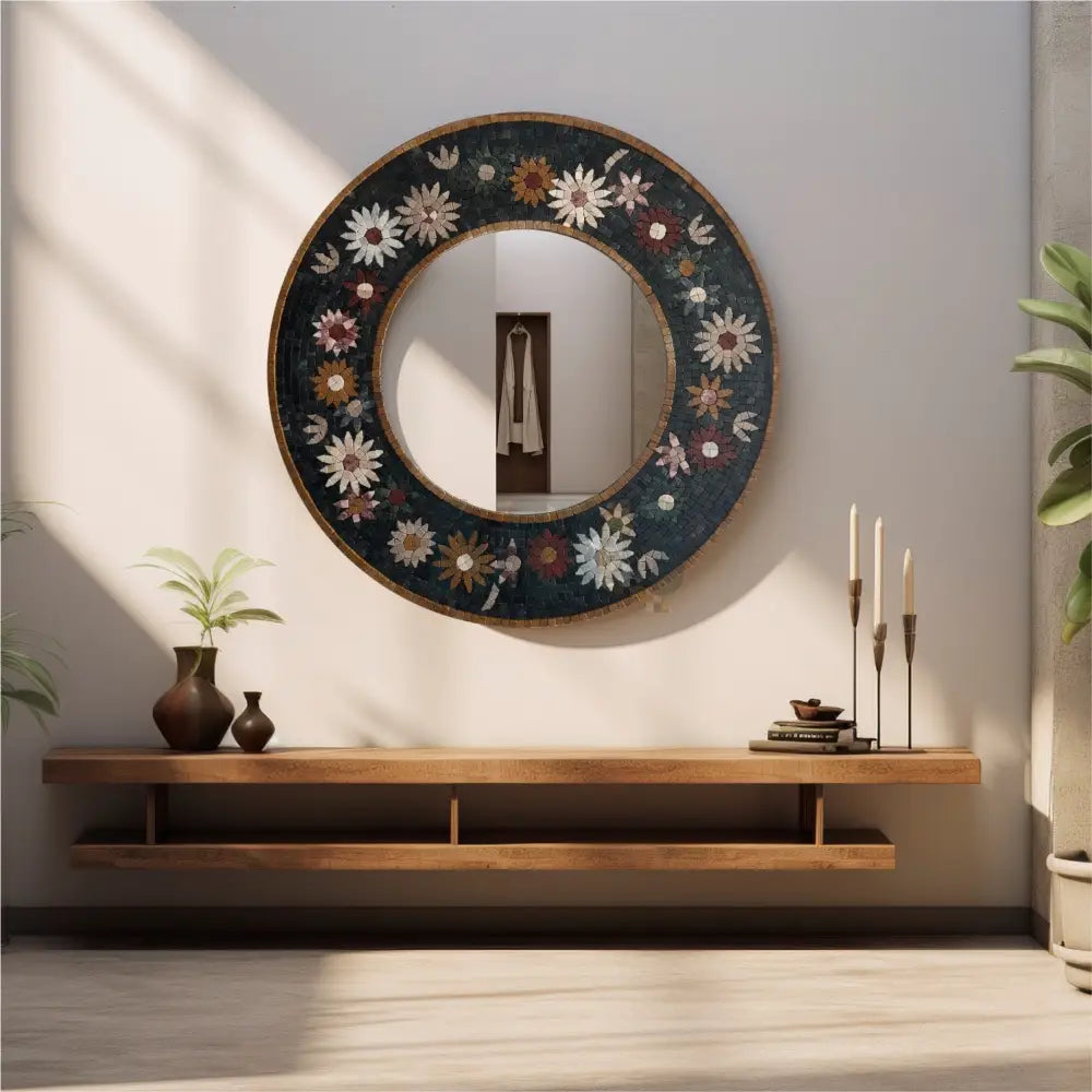 Timeless Beauty Mosaic Mirror – Handcrafted Floral Stone Art for Patio and Outdoor Areas 32’’x32’’ Wall Hangings