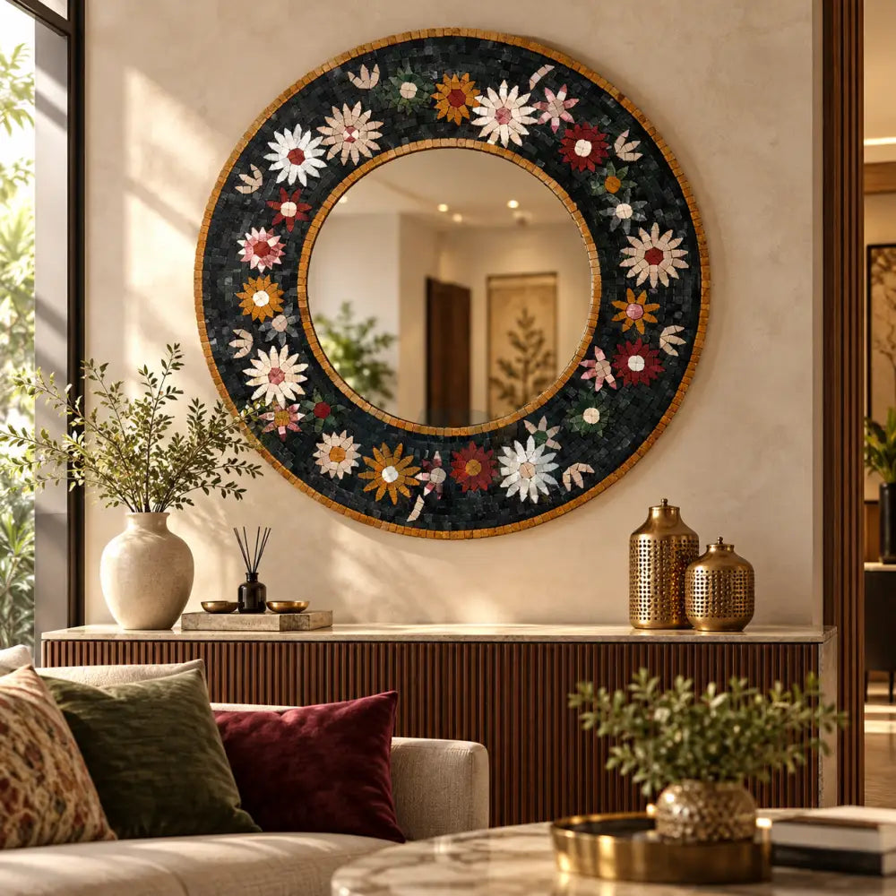Timeless Beauty Mosaic Mirror – Handcrafted Floral Stone Art for Patio and Outdoor Areas - 32’’x32’’ - Wall Hangings