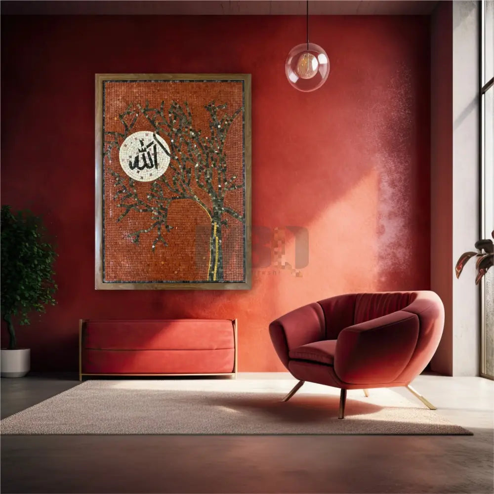 Tree of Faith: Handcrafted Stone Design with ’Allah’ in Red Islamic Wall Art 30’’x42’’ Wall Hangings