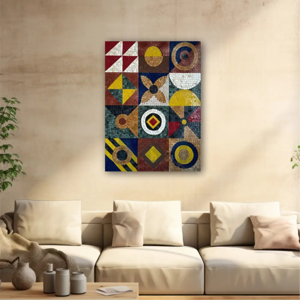 A vibrant abstract geometric mosaic wall art installed above a beige sofa, featuring a variety of natural and artificial stones in a range of colors.